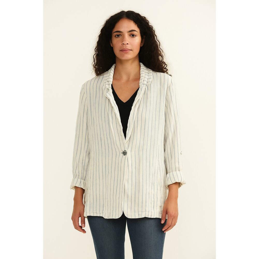 C&C California Striped Linen Blazer – Cream with Blue Pinstripes, Size large